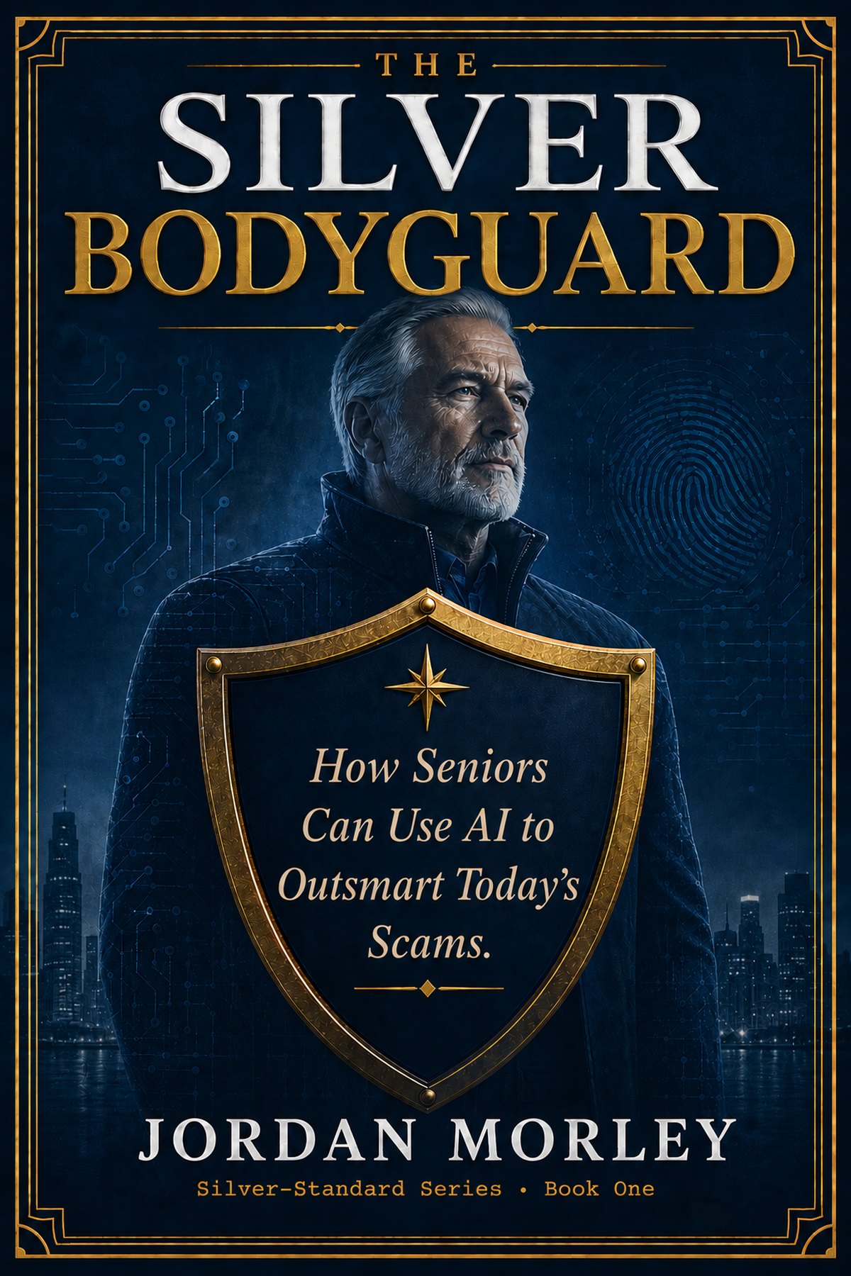 Cover of The Silver Bodyguard, Book One of the Silver-Standard Series: a confident older man behind a golden shield bearing the subtitle How Seniors Can Use AI to Outsmart Today's Scams.